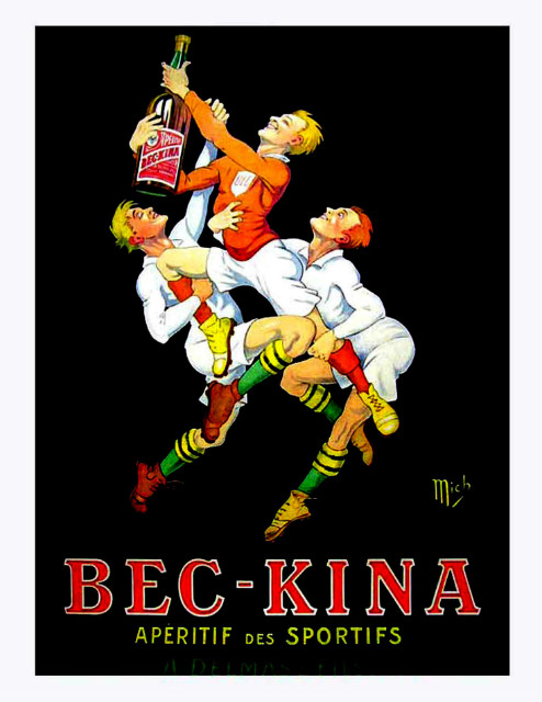 (alt="original vintage poster alcohol Bec-kina signed Rugby in the plate MICH from art deco period 1910")