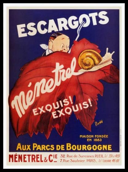 (alt="original vintage poster Escargot Ménetrel Bourgogne, snail poster signed in the plate RUDD art deco 1920")