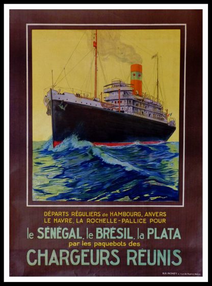 Affiche ancienne originale de voyage - Sandy HOOK - Chargeurs Réunis Sénégal Brésil - circa 1920