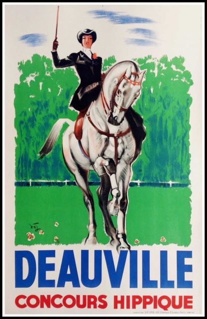 (alt="original travel poster Deauville Normandy race horse circa 1950")
