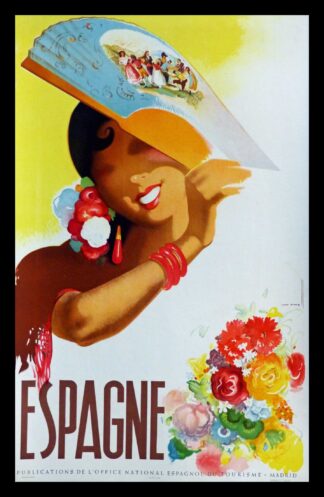 José MORELL : ESPAGNE femme à l'éventail, affiche ancienne originale de Voyage 1950