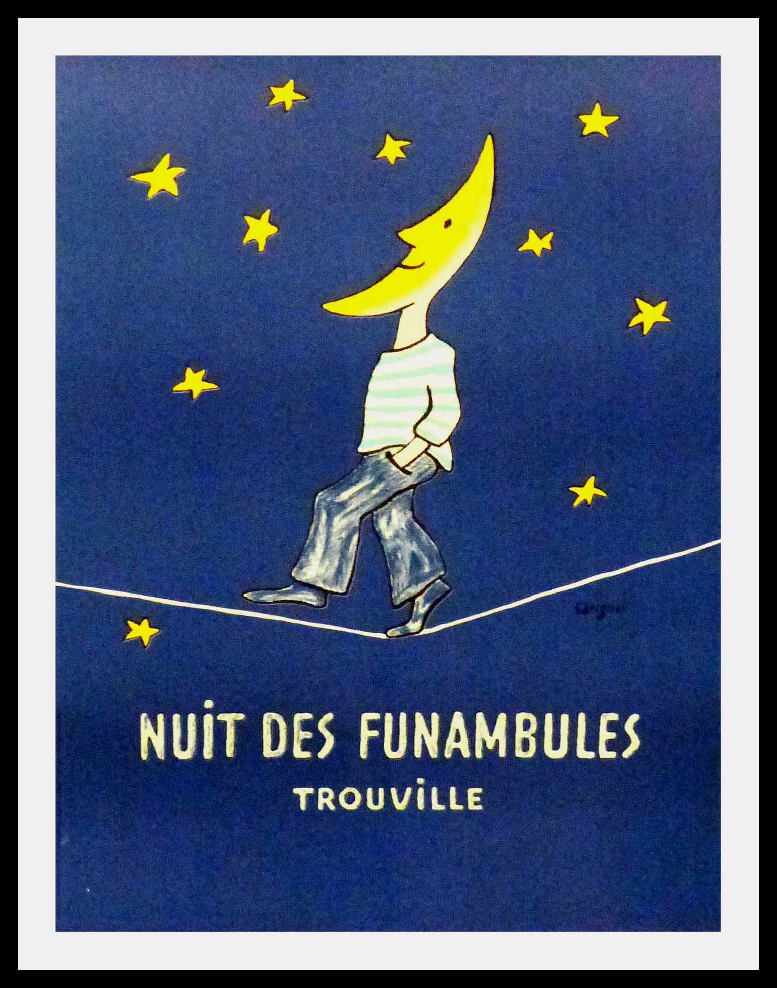 (alt="original travel poster Nuit des funambules Trouville Normandy signed SAVIGNAC 1985")