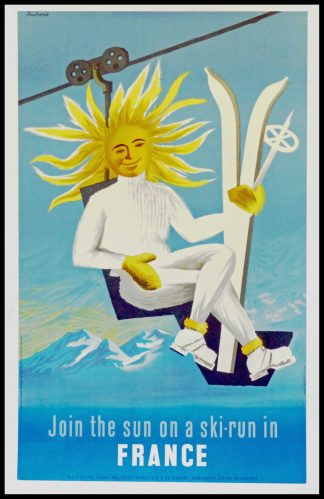 (alt="original winter sport poster join the sun on a ski-run in France signed DUBOIS 1950