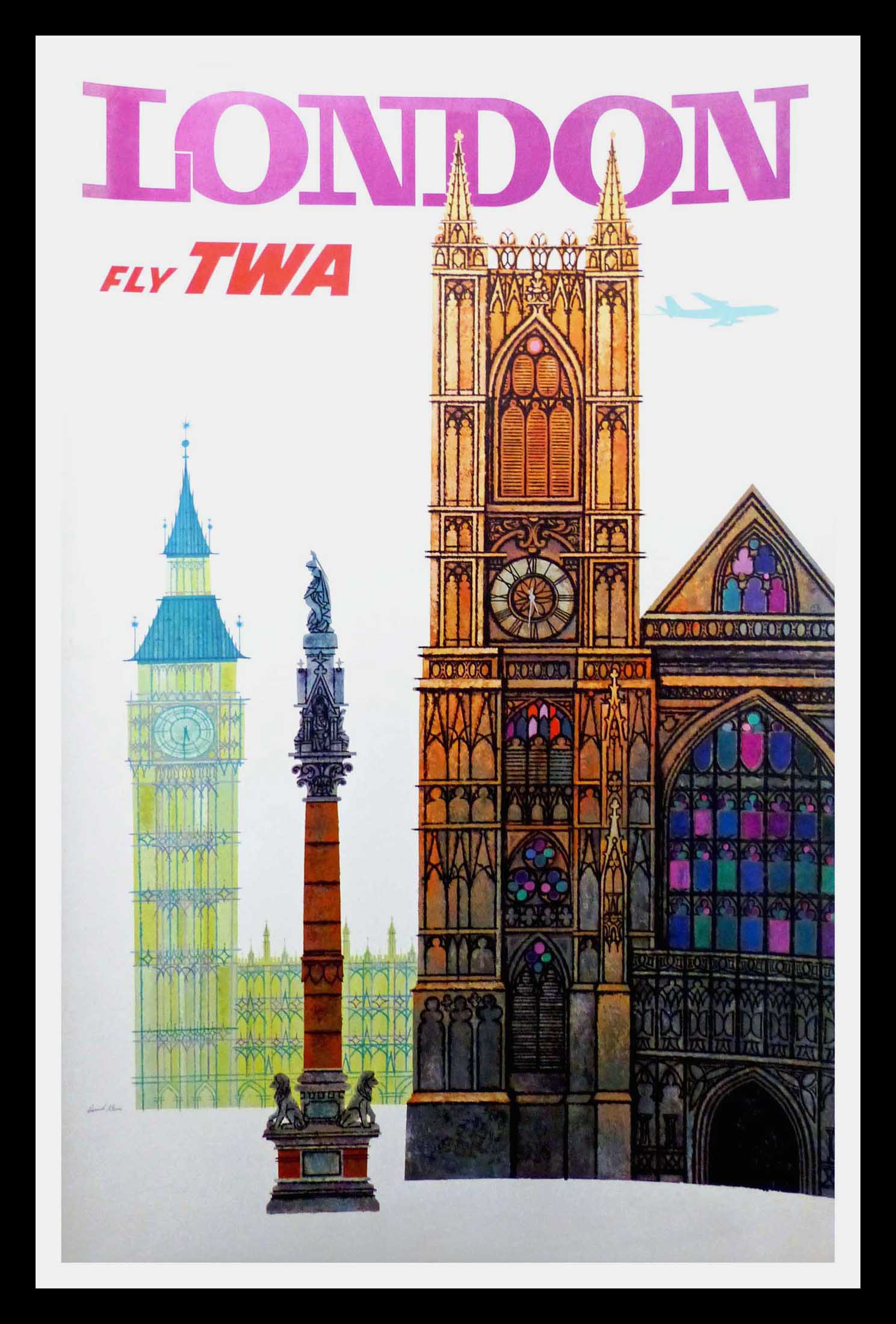 (alt="original transportation poster LONDON fly TWA signed David KLEIN 1960")