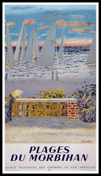 Affiche ancienne de voyage SNCF - plages du Morbihan Bretagne - BRIANCHON 1950
