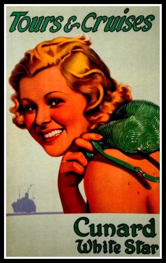 affiche ancienne originale voyage, Tours & Cruises Cunard White Star - Compagnie Maritime - 1940