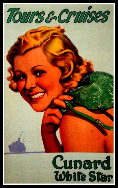 affiche ancienne originale voyage, Tours & Cruises Cunard White Star - Compagnie Maritime - 1940
