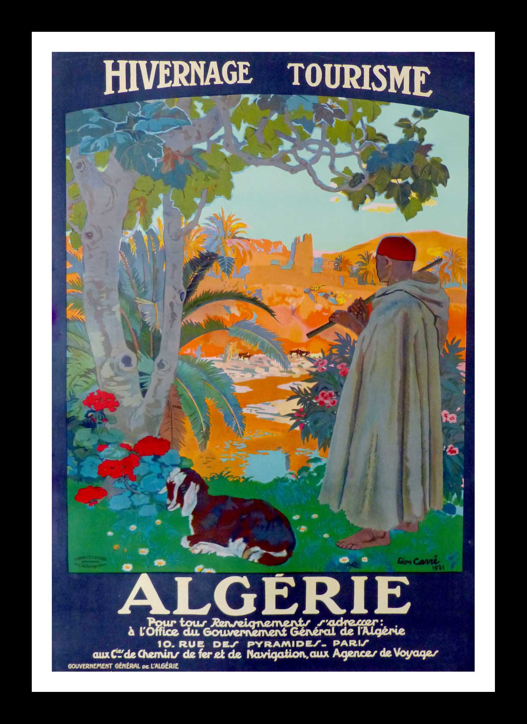 (alt="rare original vintage 1920s Algeria travel poster, signed Leon CARRE")