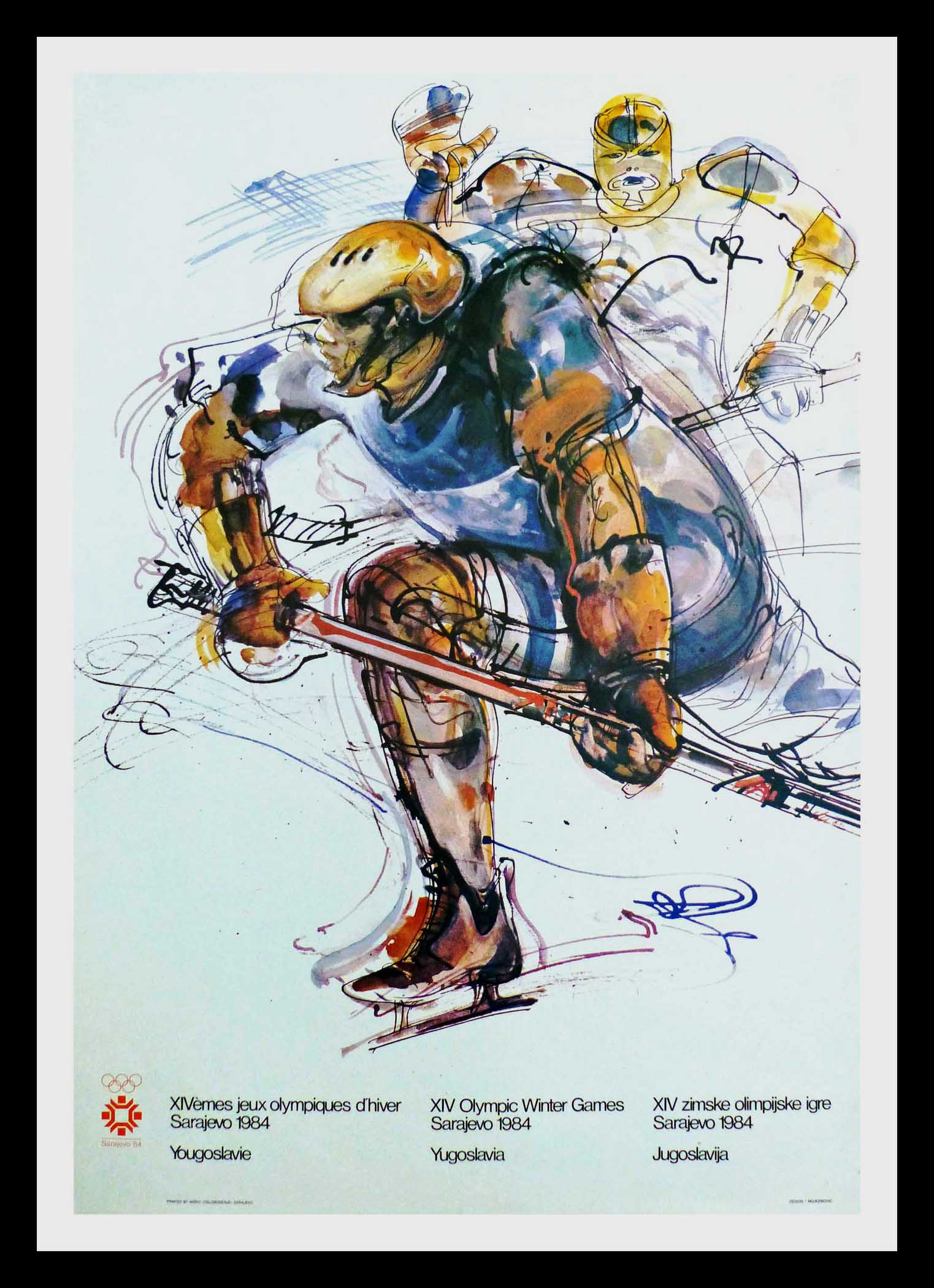 (alt=original vintage poster XIV Olympic Winter Games ice hockey Sarajevo Yugoslavia1984 signed MUJEZINOVIC")
