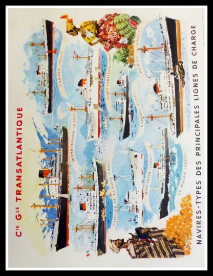 Affiche ancienne originale de voyage - Compagnie Générale Transatlantique - Albert BRENET circa 1950