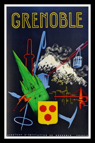 Affiche ancienne originale de voyage - Grenoble Isère Montage Ski Téléphérique - PICHAL circa 1950