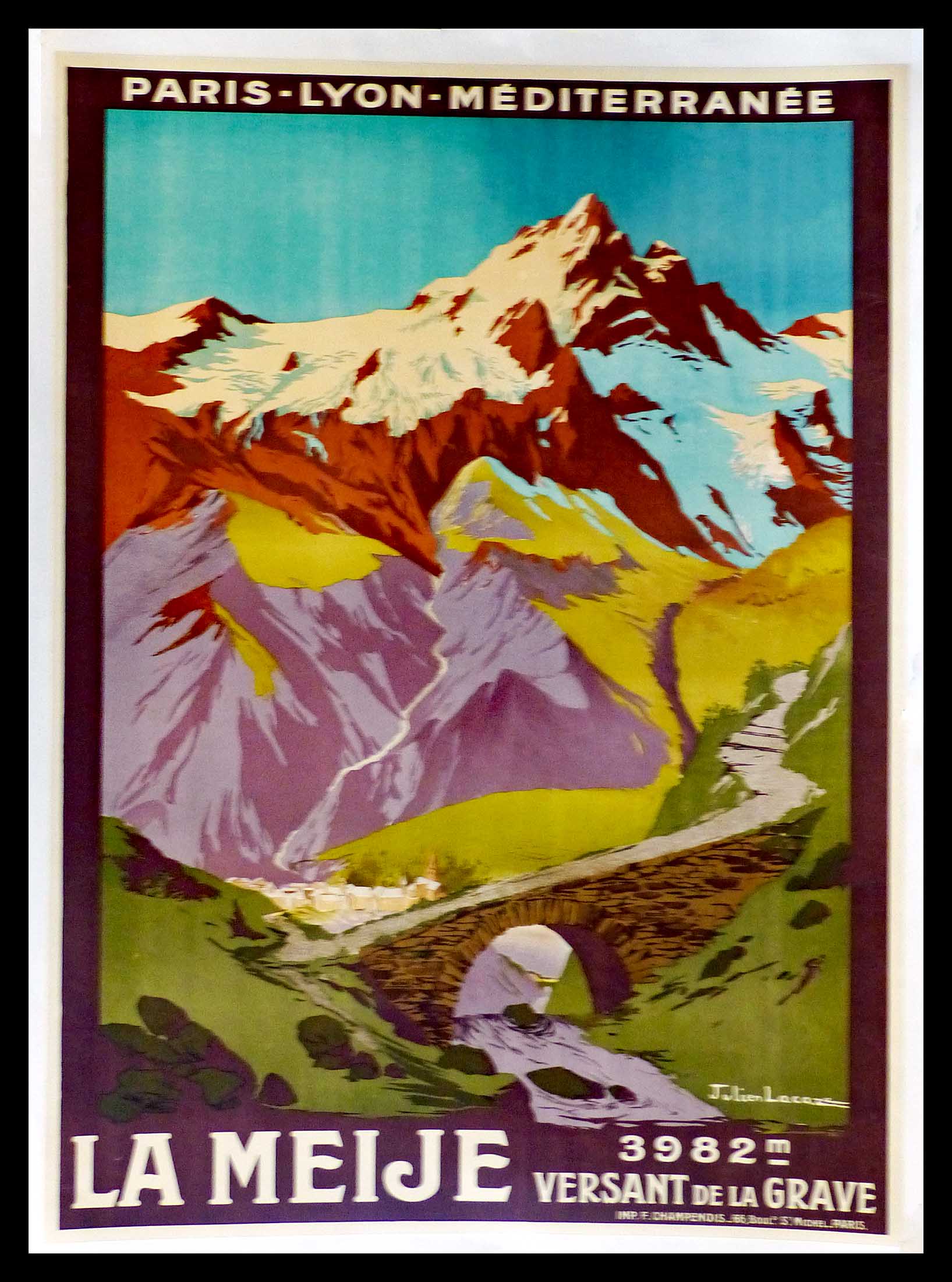 (alt="original vintage travel poster, Mountain la Meije switzerland, Julien LACAZE signed in the plate printed by Champenois, 1921")