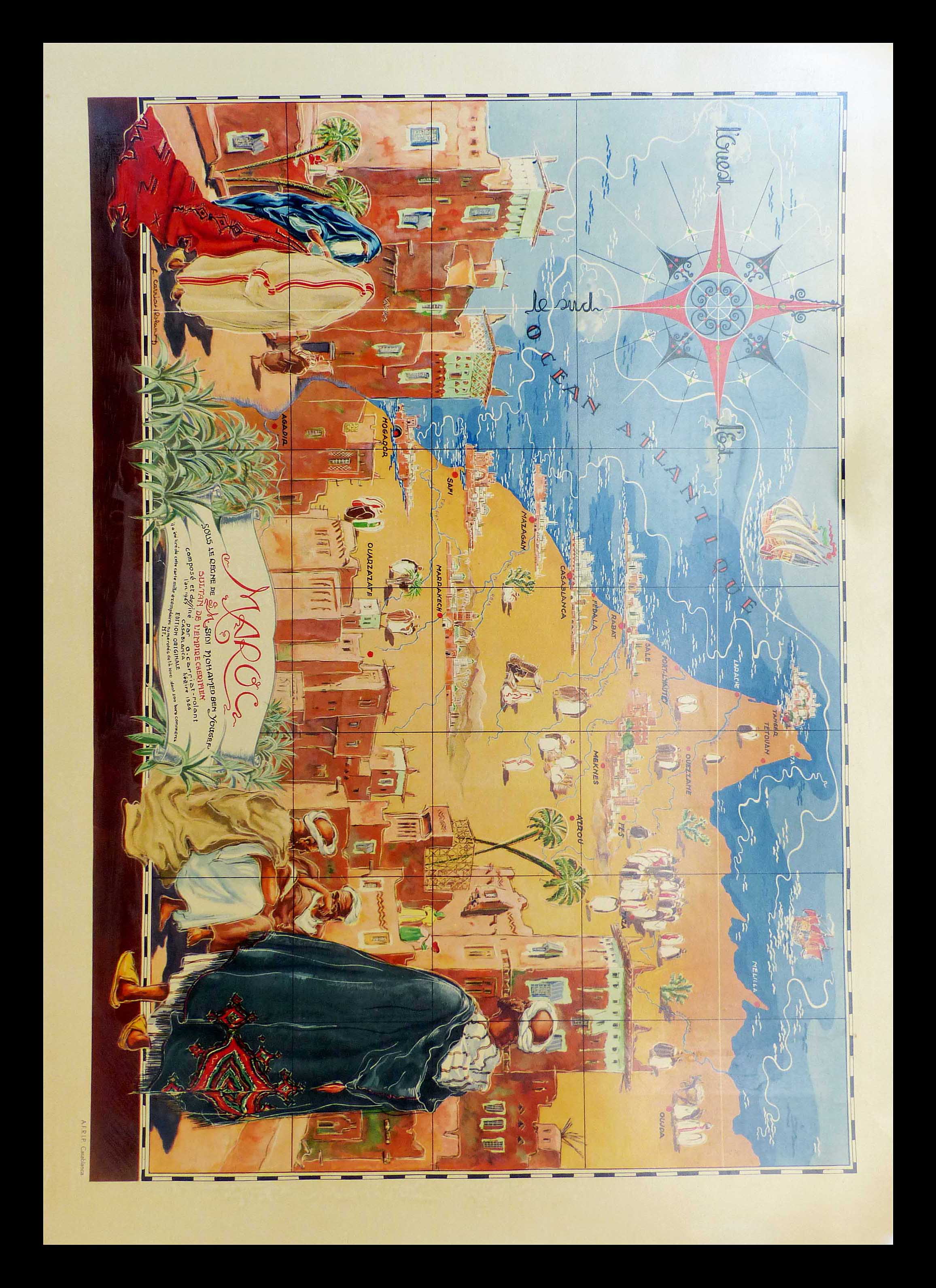 (alt=original vintage travel poster map of MAROCCO by C. GARRIAT 1947")