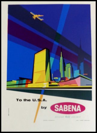 Affiche aviation originale To The Usa By Sabena Belgian World Airlines - Gaston VAN DEN EYNDE circa 1950