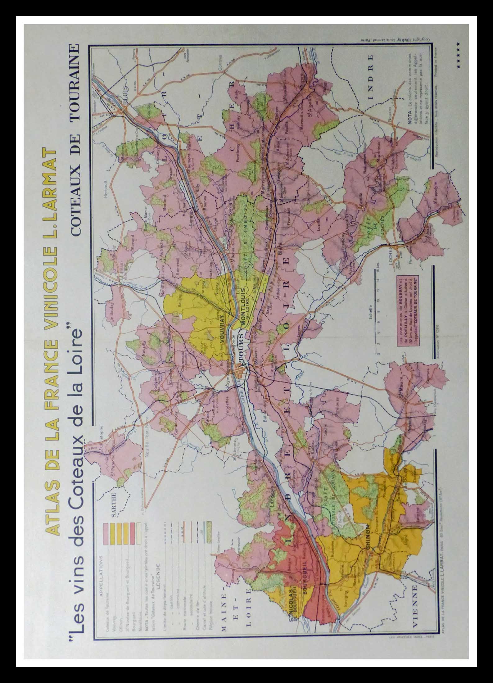 (alt="original wine poster wine atlas of france Les coteaux de la Loire et de Touraine Louis LARMAT 1880")
