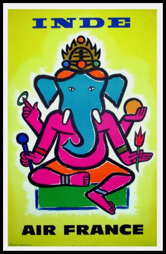 (alt="original transportation poster Air FRANCE INDIA signed in the plate Jean CARLU 1960"