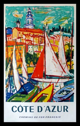 (alt="original travel poster Côte d'Azur South of France signed LINOUX 1965")