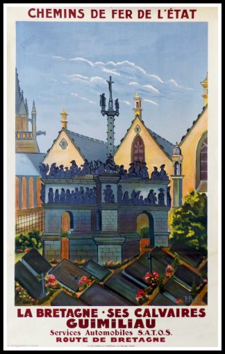 (alt="original vintage travel poster BRITTANY, la Bretage ses calvaires GUIMILIAU signed in the plate P. PETIT 1920")
