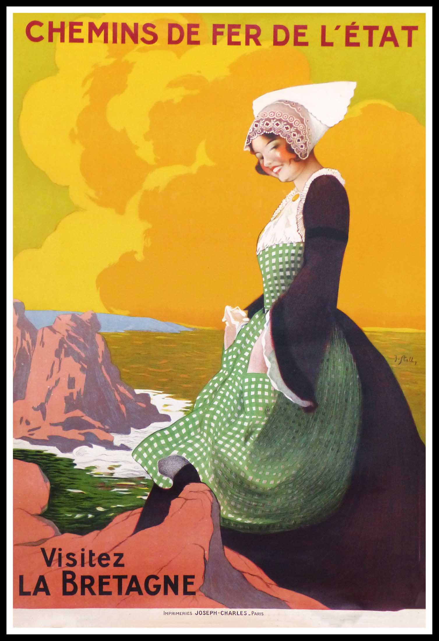 (alt="original vintage travel poster Visit Brittany Chemins de fer de l'état signed J. STALL circa 1930 RARE")