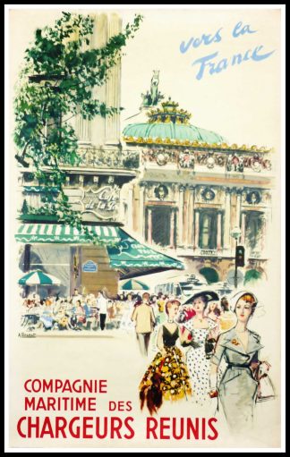 (alt="original travel poster Compagnie Maritimes des chargeurs réunis PARIS Opéra Garnier signed in the plate Albert BRENET circa 1950")