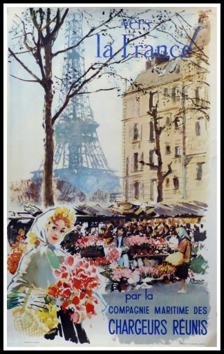 Affiche ancienne originale de voyage - Paris Tour Eiffel - Compagnie des Chargeurs réunis -  Albert BRENET 1950
