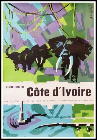 (alt="original vintage travel poster République de Côte d'Ivoire signed in the plate DESSIRIER circa 1950")