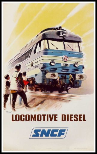(alt="original vintage poster SNCF French Railways Locomotive Diesel signed in the plate Albert BRENET 1965")