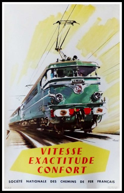 (alt="original vintage poster SNCF French Railways Vitesse exactitude Confort signed in the plate Albert BRENET 1958")