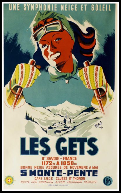 (alt="affiche ancienne originale MORIS station de ski Les GETS circa 1950")