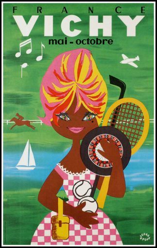 (alt="original vintage travel poster VICHY Brigitte BARDOT signed in the plate LEFOR OPENO 1960")