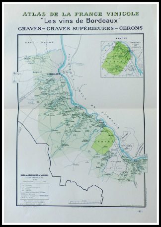 (alt="original vintage french wine maps Atlas Vinicole Les vins de Bordeaux Graves, Graves supérieures Céron Louis LARMAT 19423°