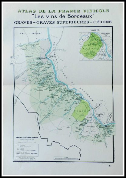 (alt="original vintage french wine maps Atlas Vinicole Les vins de Bordeaux Graves, Graves supérieures Céron Louis LARMAT 19423°
