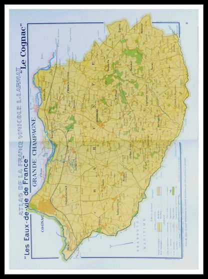 (alt="original vintage frenh wine maps Les eaux de vie de France le Cognac Grande Champagne Louis LARMAT 1942")
