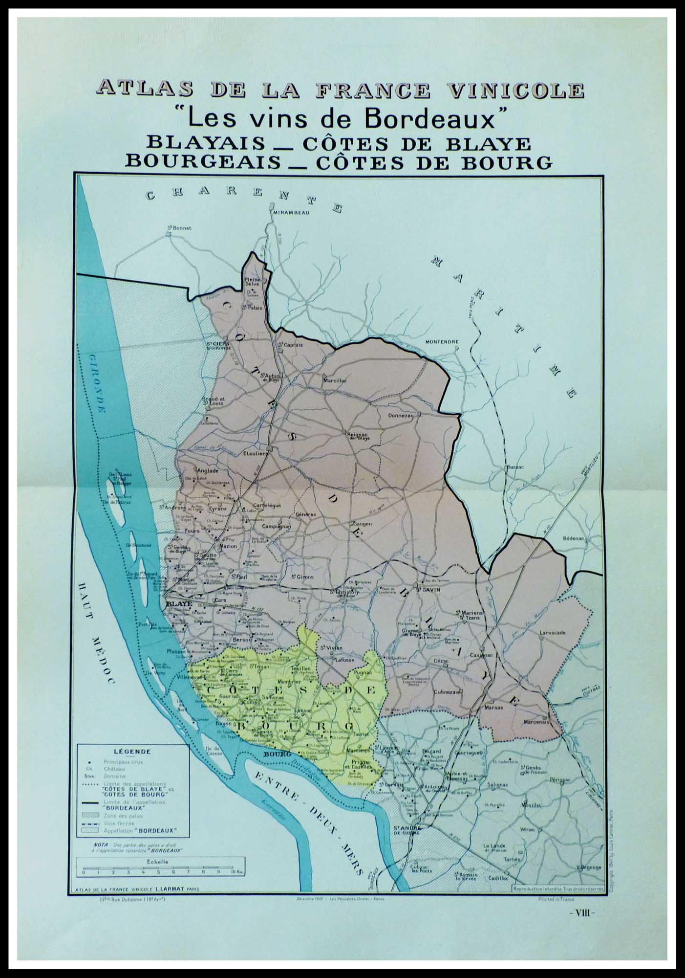 (alt="original vintage french wine maps les vins de Bordeaux, Blayais, Côte de Blaye Bourgeais, côte de Bourg Louis LARMAT 1942")