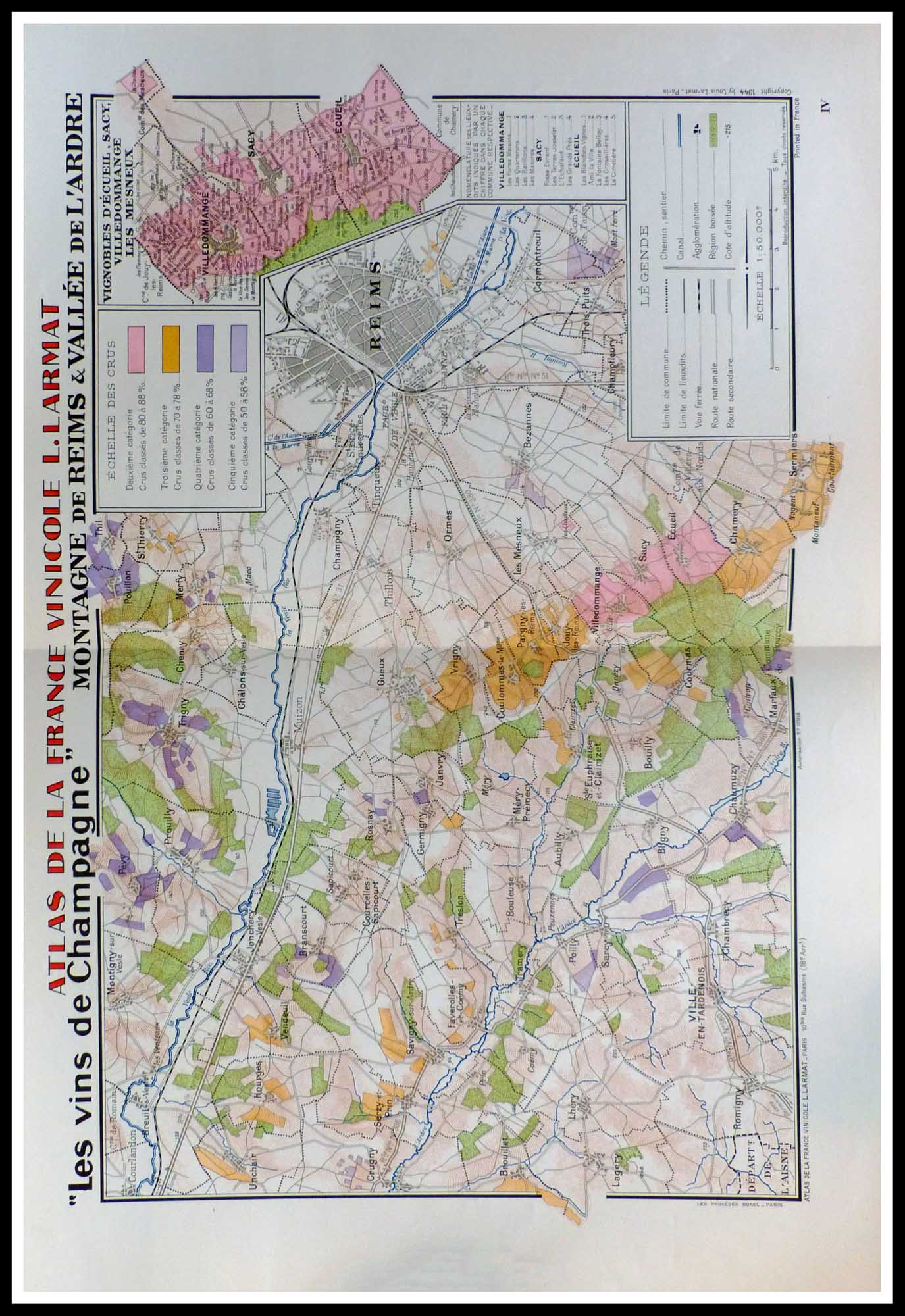 (alt="original vintage french wine maps les vins de Champagne REIMS Louis LARMAT 1942")
