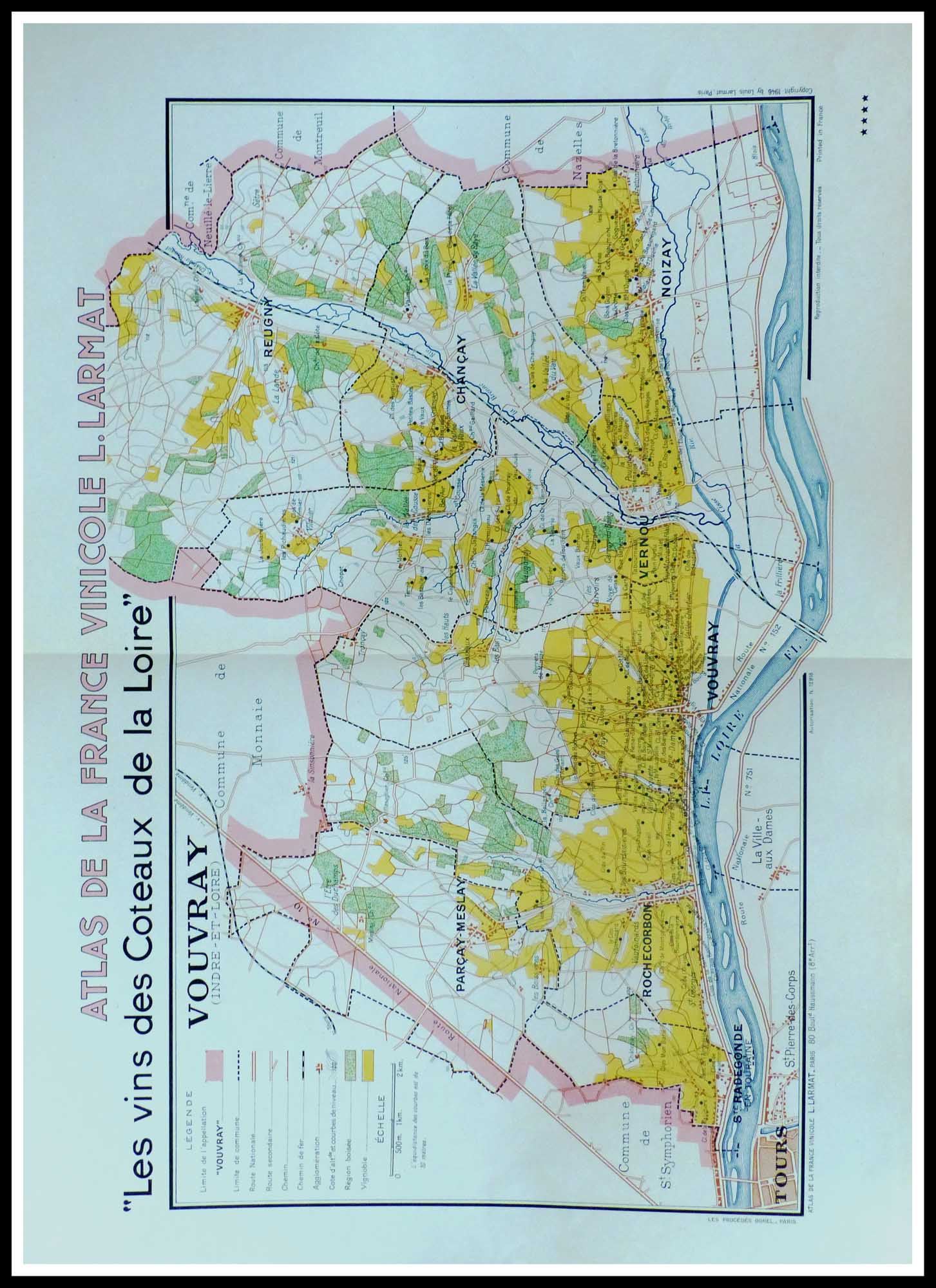 (alt="original vintage french wine maps, atlas of France wine, les coteaux de la Loire Vouvray Louis LARMAT 1942")