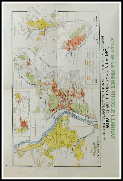 (alt="original vintage french wine maps, atlas of france wine, wine coteaux de la loire, Sancerre, Quincy, Reuilly Louis LARMAT 19423°