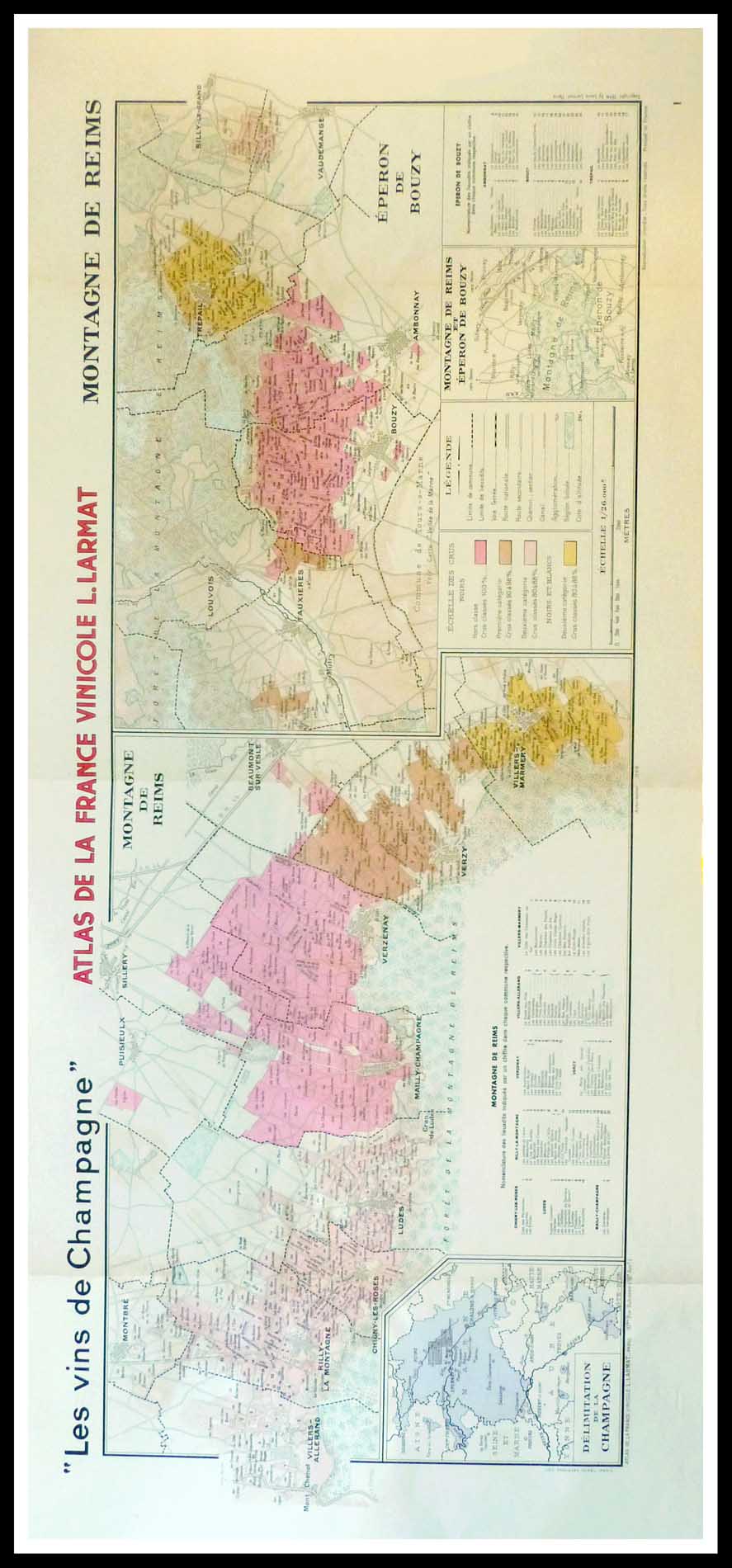 (alt="Original vintage French wine maps Les Vins de Champagne Montagne de Reims, Eperon de bouzy, Atals de la France vinicole Louis LARMAT 1942")