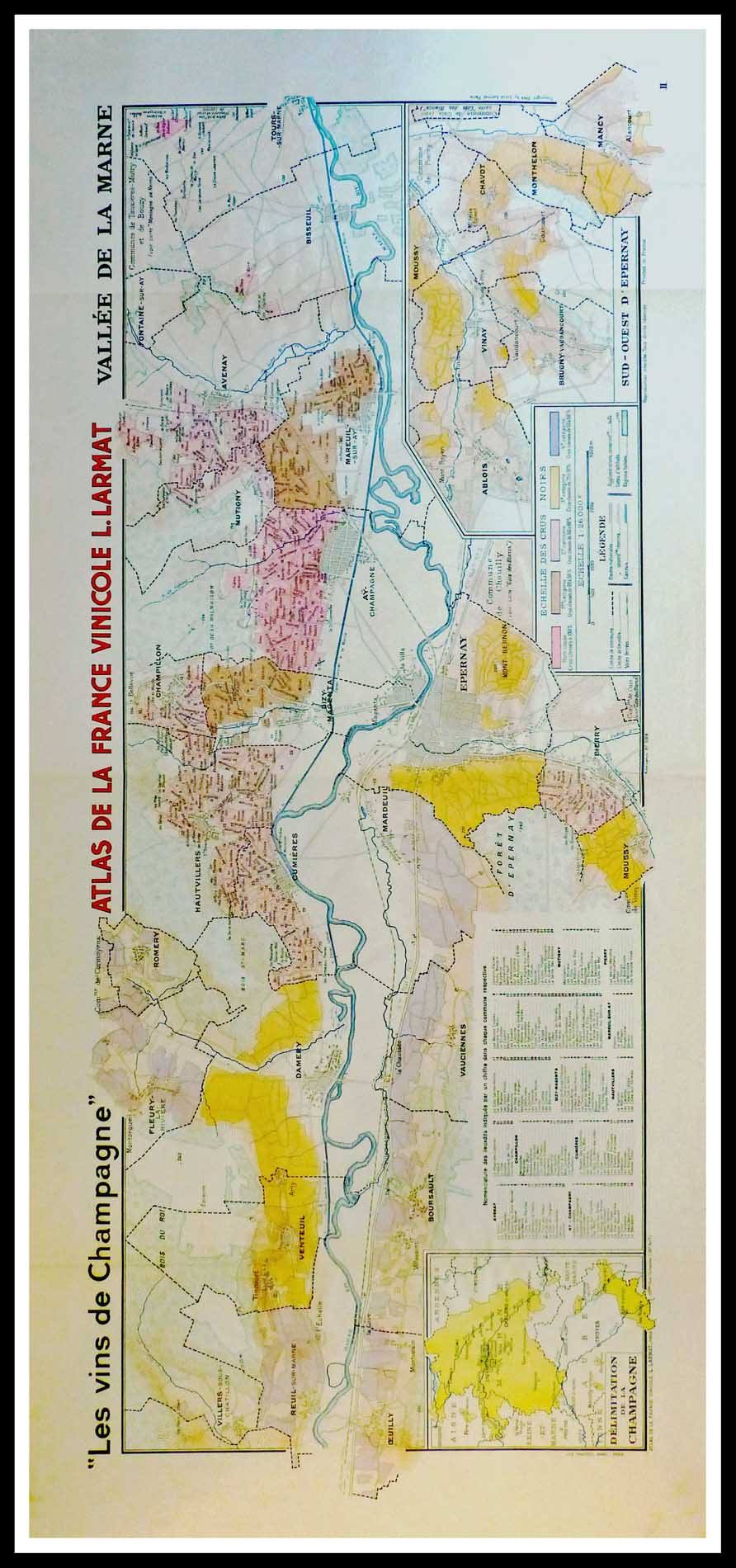 (alt="Original vintage French wine maps Les Vins de Champagne Vallée de la Marne, Atlas de France Vinicole 1942 Louis LARMAT")