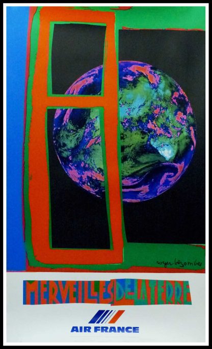 (alt="original vintage travel poster Air France Merveille de la Terre Roger Bezombes 1980 signed in the plate printed by Mourlot")