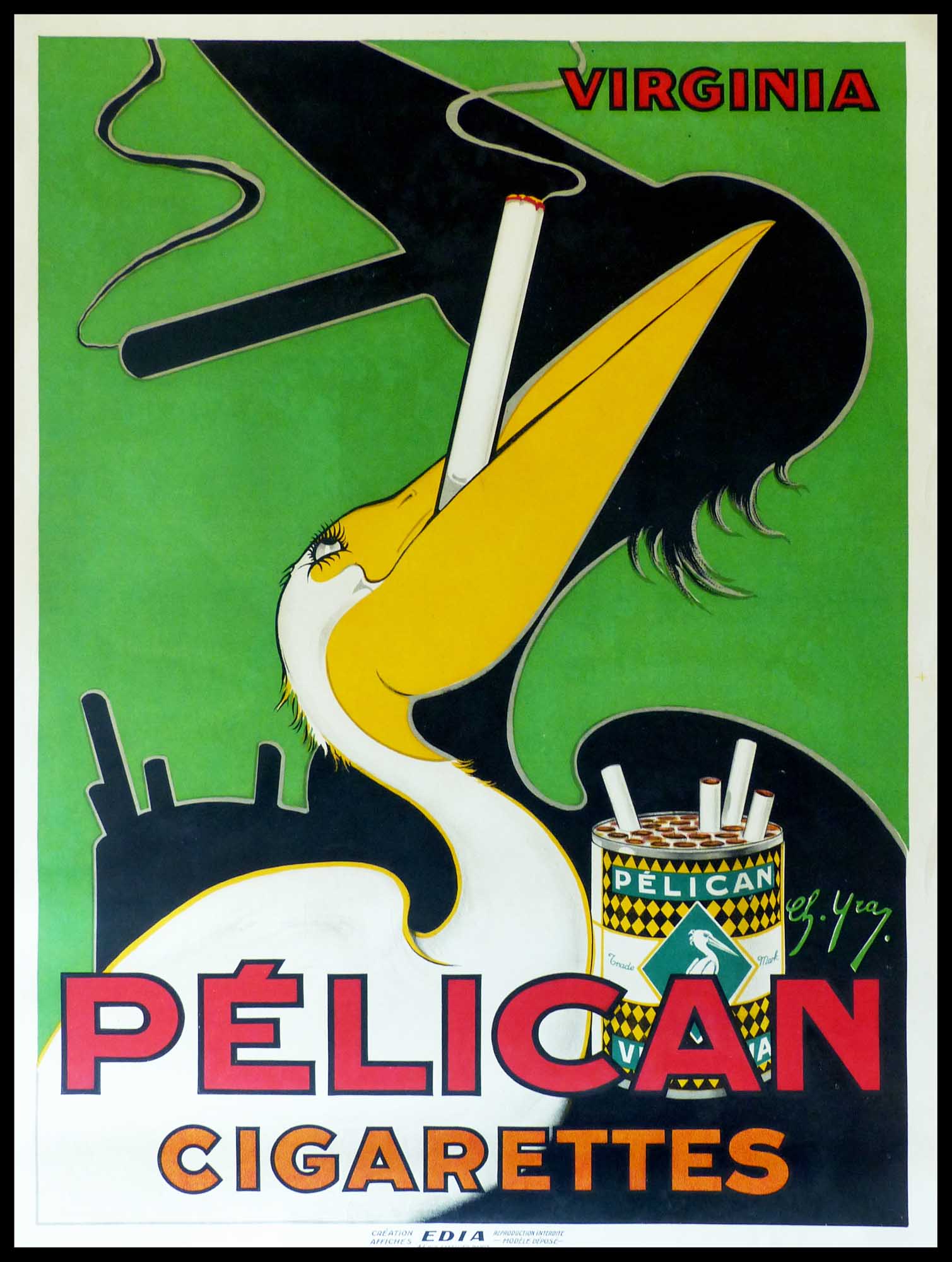 (alt="original vintage advertising poster virginia cigarettes PELICAN signed in the plate Charles YRAY art deco circa 1930")