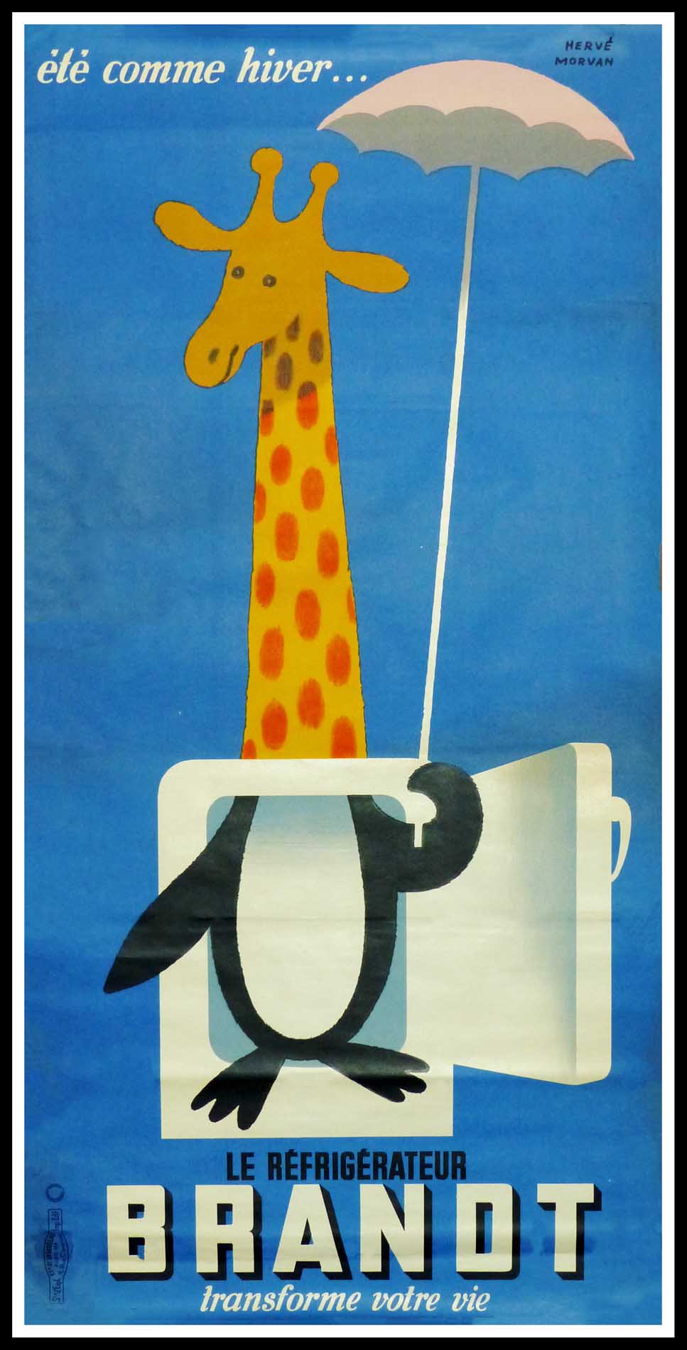 (alt="original vintage advertising poster, Hervé MORVAN, Brand la girafe, signed in the plate 1955")