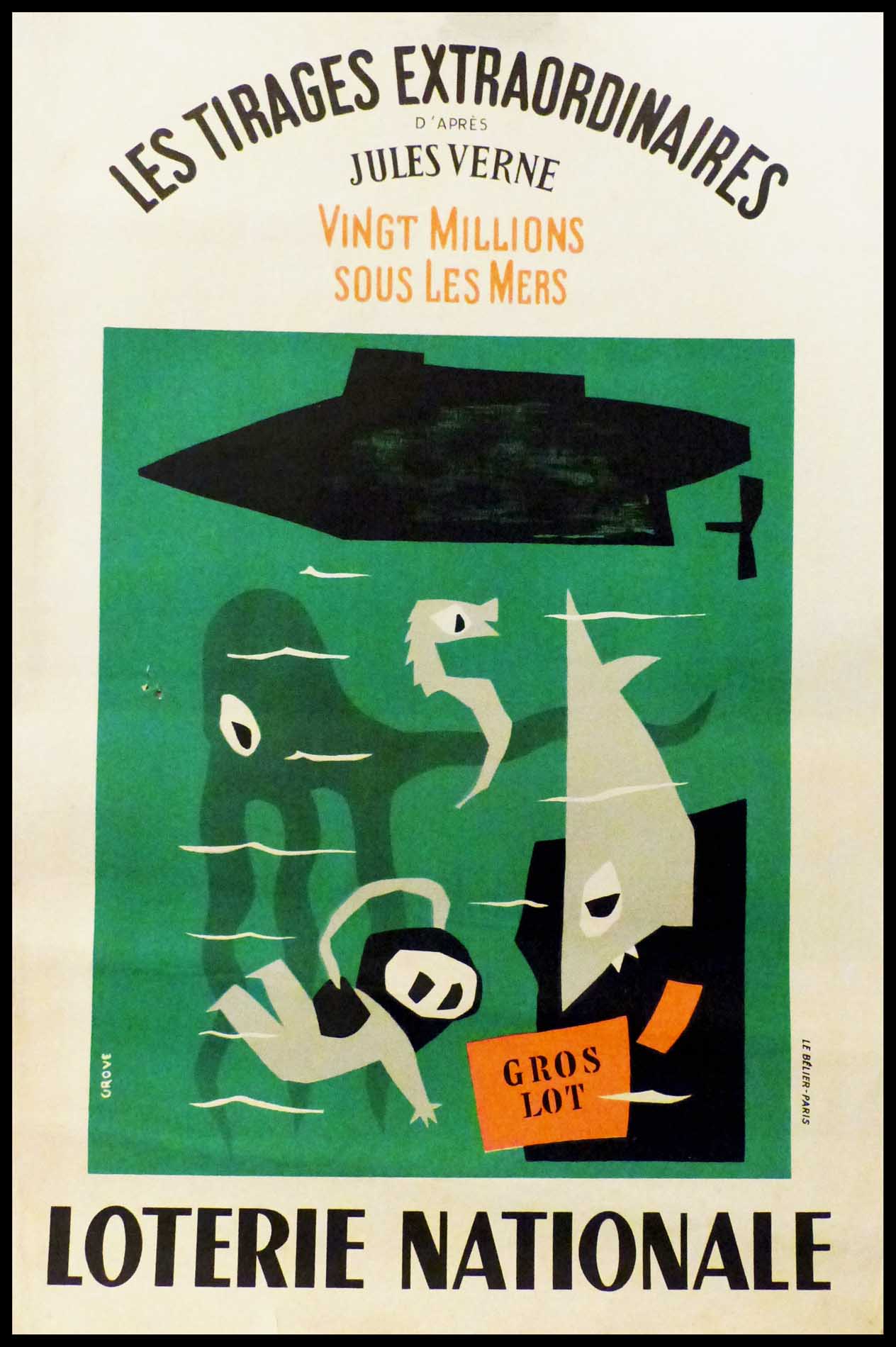(alt="Original vintage poster Loterie Nationale, according to Jules Verne, circa 1950 realised by Grove and printed by Le Bélier.")