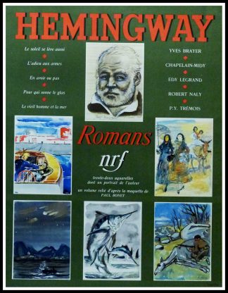 (alt="Original vintage poster Ernest Hemingway, realised and printed by NRF (La Nouvelle Revue française) and Gallimard")