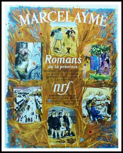 (alt="Original vintage poster Marcel Aymé - Romans de la province, realised and printed by NRF (La Nouvelle Revue française) and Gallimard")