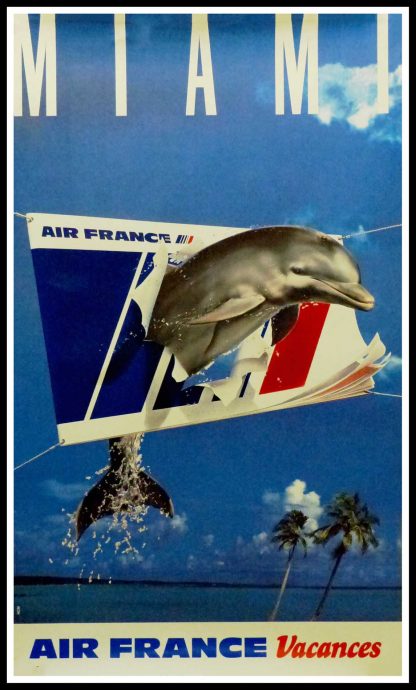 (alt=" Original vintage travel poster Miami Air France Voyage printed by saint martin Asnières Circa 1980")