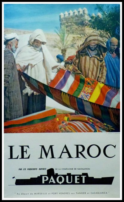 (alt=" Original vintage travel poster Cie Maritime PAQUET - Morocco circa 1960, realised by Bertrand (photo) and printed by Société Marseillaise de Pub")