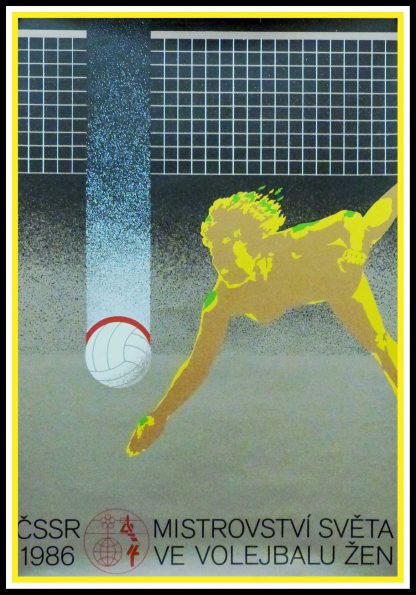 (alt="Original vintage sport posterVolleyball Women's World Championship in Czech republic,1986 , created by Miroslav Střelec and printed by PK")