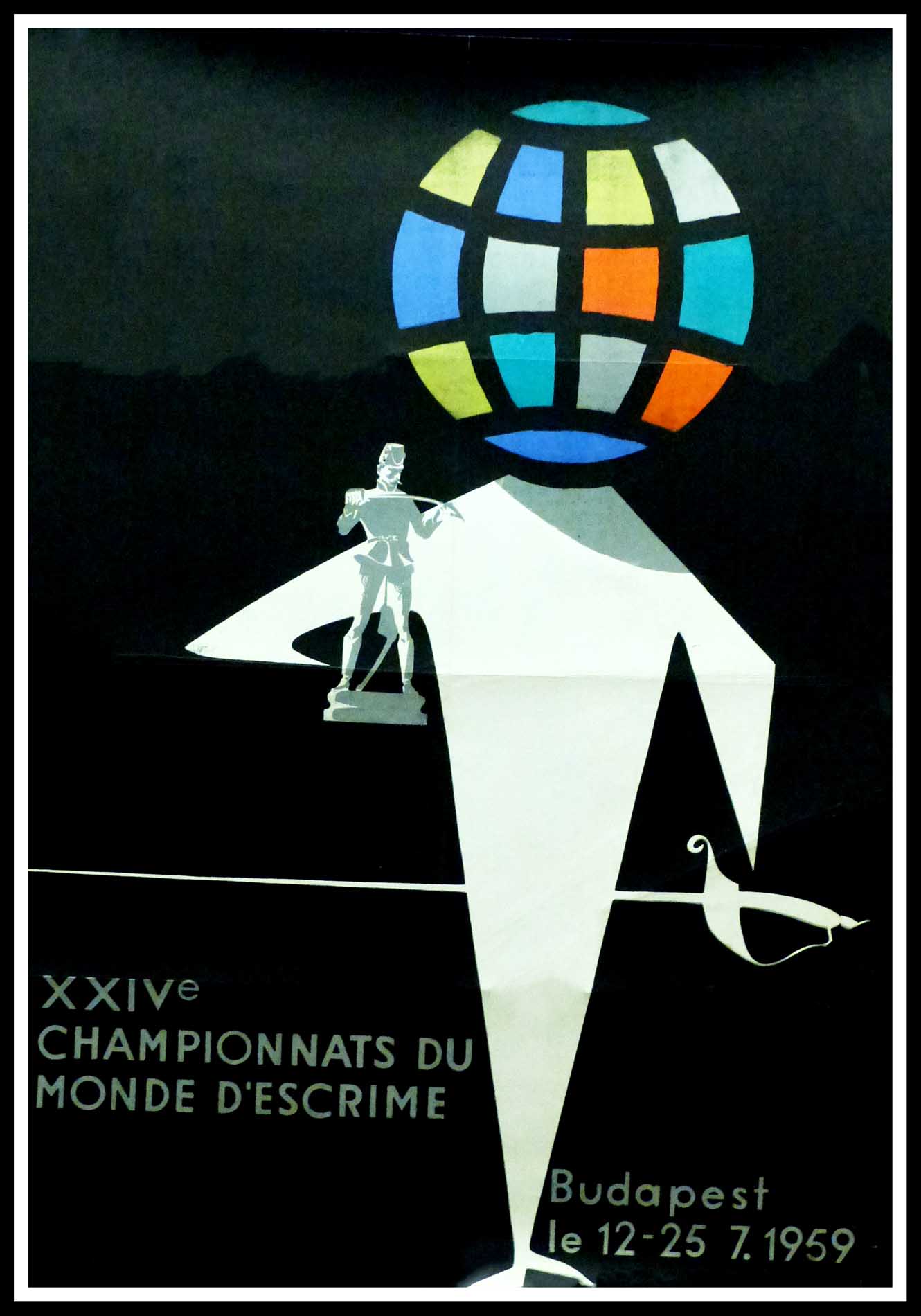 (alt="Original vintage poster World Fencing Championships Budapest, 1959 signed in the plate by Vajda and printed by unkown")
