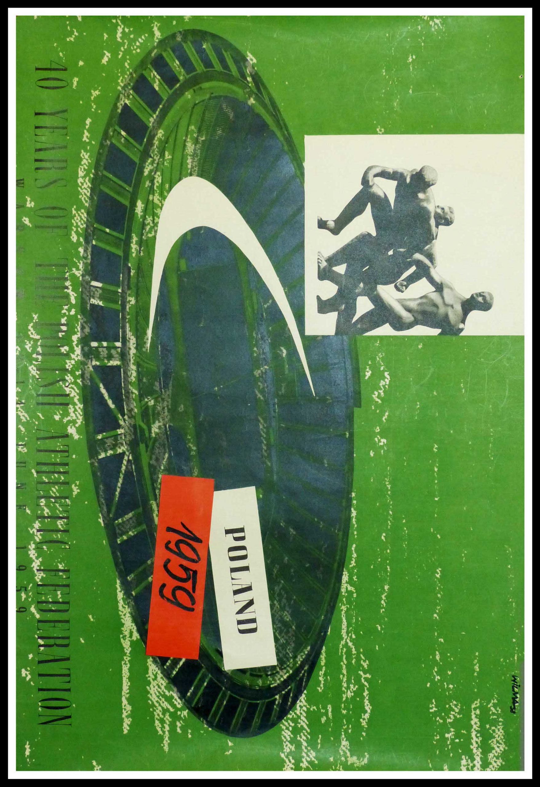 (alt=Original vintage sport poster, 40 Years Of The Polish Athletic Federation - POLAND 1959 signed in the plate by Wilma and printed by Dom Slowa")